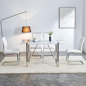 Aunvla Moderne eetkamerstoelen, set van 2, rugleuning van PU-kunstleer en linnen, hoge rug beklede zijstoel, dwarsstrepen rugleuning design voor eetkamer, keuken, gastbureaustoel, wit