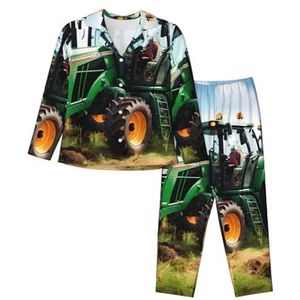 JEJEA Bedrijf Boerderij Tractor Print Comfy 2 Stuk Nachtkleding Lounge Set Pyjama Set Lange Mouw Nachtkleding Nachtkleding, Zwart, S