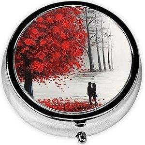 Rode Boom Print Pillendoos 3 Compartiment Kleine Pil Case met Spiegel Pil Organizer voor Outdoor Reizen Pocket Purse