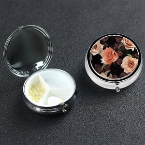 Pillendoosje met spiegel, kleine pillenorganizer, 3 compartimenten, zwarte perzikroos, ruwe reispillendoos voor portemonnee of zak, draagbare pillencontainer, schattige medicijnorganizer