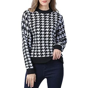 Kelsiop Herfst Winter Trui Vrouwen Gebreide Trui Casual Houndstooth Trui Lange Mouw Trui Retro Top, Zwart, XL