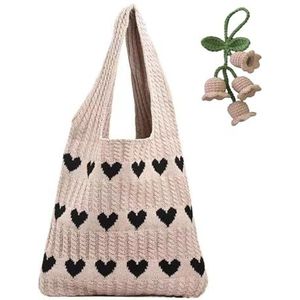 Gehaakte draagtassen for dames met gebreide hanger Leuke draagtassen Hartvormige strandhandtassen Breitassen Liefde Hobo-tassen (Color : Brown, Size : Onesize)