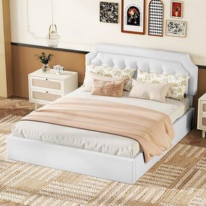 Idemon 160 x 200 cm plat bed, gestoffeerd bed, hydraulisch tweeweg-bed, minimalistisch design, stijlvolle bekleding, tienerbed, tweepersoonsbed (wit)