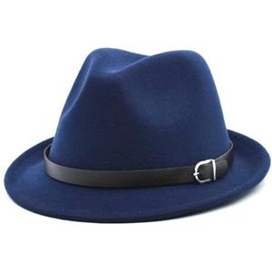 Pegsmio Klassieke vilten fedora's hoed voor mannen vrouwen cowboy Trilby Cap kerk jazz hoed met riem, Donkerblauw, 6 7/8-7 1/8