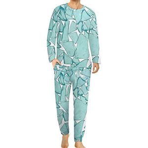 Teal Sea Glass nautische print comfortabele heren pyjama set ronde hals lange mouw loungewear met zakken S