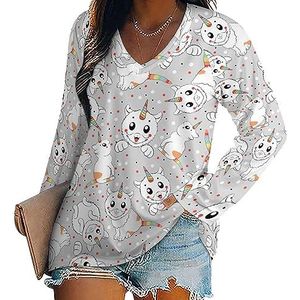 Leuke kleine kat eenhoorn vrouwen casual lange mouw T-shirts V-hals gedrukte grafische blouses Tee Tops XL