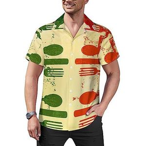 Lepelvork en Italiaanse vlag casual overhemden met knopen voor heren korte mouw Cubaanse kraag T-shirts tops Hawaiiaans T-shirt L