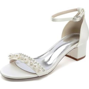 Dames Lage Chunky Sandalen Met Blokhak Enkelbandje Parel Trouwjurk Schoenen Open Teen Pomp Sandalen,ivoor,35 EU