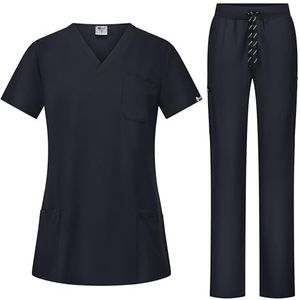 B-well Bella Scrubset voor dames, jas en broek, set, geneeskunde, arts, uniform, beroepskleding, dikke stof, zwart, XXL