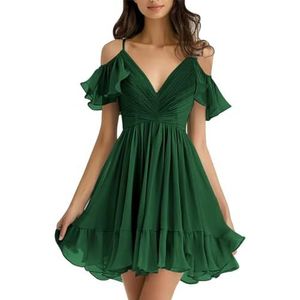 Chiffon Korte Bruidsmeisje Jurk Off Shoulder V-hals Ruche Geplooide Zomer Formele Jurk, Emerald Groen, 52