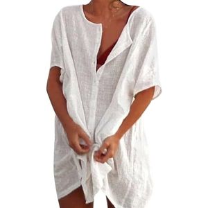 Figarge Strandjurk voor dames, bikini cover-up met ronde hals, knoopsluiting, korte mouwen, 3/4 mouwen, zomer, strandvakantie, badpak, strandtuniek, wit, M