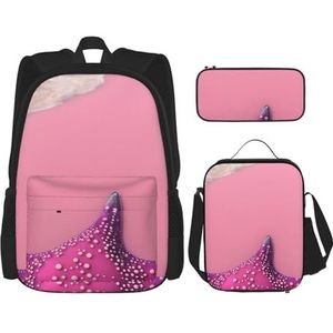 AthuAh Roze zandstrandrugzak & meisjesrugzak met lunchtas en pennenetui, 3-delige set voor wandelen, school, uitje, Zwart, Eén maat