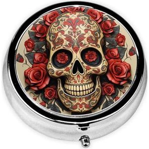 Rode roos suiker schedel print pillendoos ronde metalen pillendoos met 3 compartimenten draagbare mini pillenorganisator schattige pillencontainer voor zak portemonnee kantoor reizen