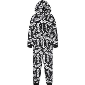Fortnite Pyjama voor kinderen, jongeren, nachtkleding met ritssluiting, fleece pyjama met capuchon, all-in-one cadeaus voor kinderen, Zwart/Wit, 13-14 jaar