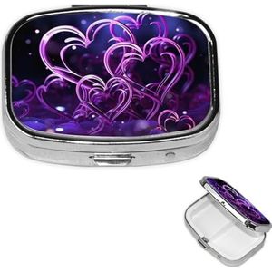 Pillendoosje met spiegel, kleine pillenorganizer, 2 compartimenten, modieuze paarse harten, pillendoosje voor portemonnee of zak, draagbare pillencontainer, schattige medicijnorganizer