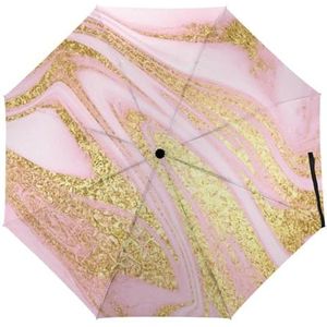 Roze met Gouden Marmeren Mode Paraplu Voor Regen Compacte Tri-fold Omgekeerde Opvouwbare Winddichte Reizen Paraplu Automatische