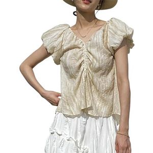 CakfLjkhl Dames Zomer Top Pofmouwen V-hals Vetersluiting Dressy Casual Shirts Blouse Strand Vakantie Outfits,Beige,L