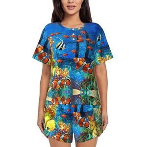 JIAWUJYNB The Underwater World Tropische visprint dames pyjama met korte mouwen pyjama set pyjama lounge set met zakken,, Zwart, S