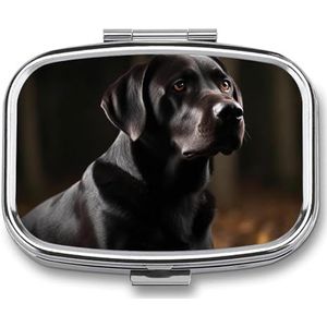 Pillendoos 2 compartimenten pillenorganizer zwarte labrador reispillendoosje met spiegel vierkante metalen pillencontainer wekelijkse medicijnplanner vitamine organizer voor zak