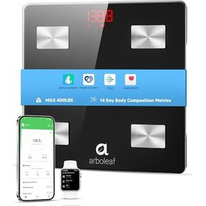arboleaf Slimme weegschaal voor lichaamsgewicht en vet, Bluetooth digitale badkamerweegschaal, lichaamssamenstellingsanalysator met app, 14 statistieken omvatten BMI, 400 lbs capaciteit (zwart)