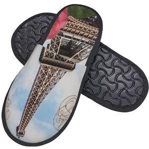 HerfsT Eiffeltoren, roze bloemenprint, harige pantoffels voor dames en heren, pluizige pantoffels van traagschuim, winter, pluche huispantoffels, Zwart, Medium