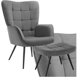 tectake® Moderne fauteuil met hocker - Scandinavische stijl, teddystoel, woonkamer, slaapkamer, lounge stoel, draagvermogen tot 150 kg - div uitvoeringen - Fijne ribstof - antraciet/zwart