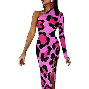 Roze luipaardprint dames één schouder lange mouw jurk sexy split bodycon bruiloft feest maxi jurken XS