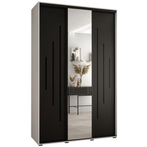 MEBLE KRYSPOL Davos 13 160 Kledingkast met drie schuifdeuren voor slaapkamer - Moderne Kledingkast met spiegel, kledingroede en planken - 235,2x160x45 cm - Wit Zwart Zwart