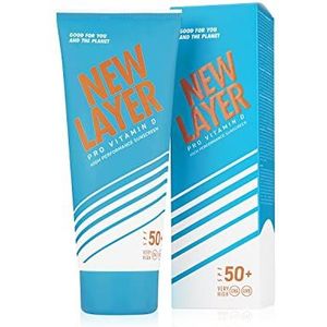 NEW LAYER Zonnecrème, SPF 50+, Pro vitamine D, vrij van microplastic, reef-vriendelijk, vrij van octocryleen, waterdicht, onmiddellijke bescherming, snel intrekkend, klimaatneutraal, 200 ml