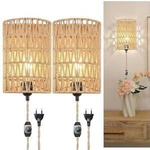 Wandlamp Binnen Rotan, Boho Hennep Touw Wandlamp Met Schakelaar Dimbaar & Stekker, Rustieke Vintage Wandlamp Met 2m Kabel, Bedlamp Muur Retro E27 Wandspot Voor Slaapkamer Trap Gang