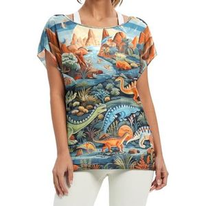 Dinosaurus Cartoon Art Dames Korte Batwing Mouw Shirt Ronde Hals T-shirts Losse Tops voor Meisjes, Patroon, L