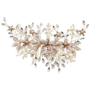 Handgemaakte bruidsparel haarkam met bloemenblad en legering for een bruiloft, verjaardagsfeestkroon(Gold)