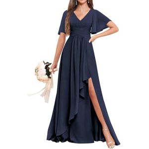 Chiffon bruidsmeisjesjurken voor dames, voor bruiloft, ruches avondgalajurken, cocktailjurken, grote maten, Donkerblauw, 32