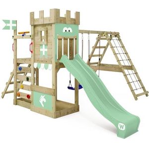 WICKEY Speeltoren Ridderkasteel DragonFlyer met schommel en glijbaan, speelhuis met zandbak, klimladder en speelaccessoires, pastelgroen
