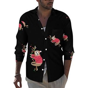 Grappige luiaard heren revers lange mouwen overhemd button down print blouse zomer zak T-shirts tops 4XL