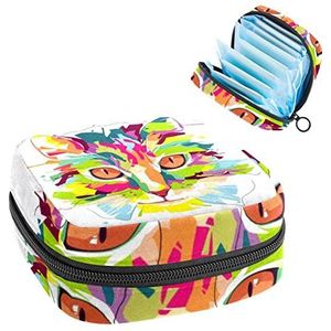 Maandverband Opbergtas,Draagbaar maandverband Opbergzak,Kat Dier Leven Kunstportret, Meerkleurig, 4.7x6.6x6.6 in/12x17x17 cm