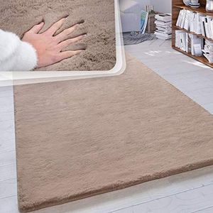 Hoogpolig vloerkleed woonkamer kunstvacht superzacht effen in versch. afmetingen en kleuren, Maat:80x150 cm, Kleur:Beige