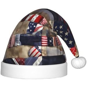 ZISHAK Amerikaanse vlag patchwork feestelijke pluche kerstmuts voor kinderen-levendige en duurzame vakantie decoratieve hoed
