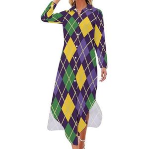 Groen en paars Mardi Gras Abstract Geometrisch Patroon Lange Mouw Maxi Shirt Jurken voor Vrouwen Casual V-hals Knopen Blouses 3XL