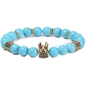 Kralenarmband heren, 8 mm blauwe stenen armband met kroon, verstelbare gevlochten armband 18 cm