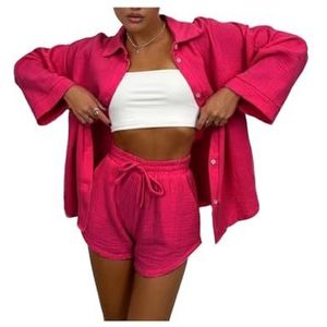 Leader of the Beauty Dames zomer tweedelige outfit top en shorts broek sets dunne casual losse gym activewear sets, rozerood, S
