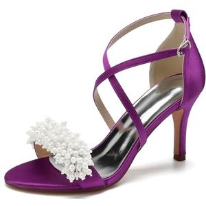 SYDZSW Ivoor satijn trouwschoenen met naaldhak bruidsschoenen met hoge hakken sandalen bruidsschoenen bruid 35-42, Paars, 35 EU