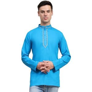 SKAVIJ Mannen Katoen Kort Kurta Overhemd Ronde Nek Tuniek Normale Pasvorm (Turkoois, Gemiddeld)