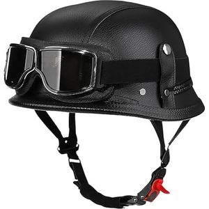 Retro Motorhelm Leren Helm Jethelmen Vintage Bromfietshelm Met Bril Duitse Stijl Motorcruiser Scooterhelm ECE-Goedkeuring B,XXXXL/(67~68cm)