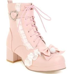 Zoete Korte Laarzen Met Strik + Ruches Student Cosplay Lolita Enkellaarsjes Elegante Veter Enkellaarsjes Met Gesp Dames Herfst Winter Enkelschoenen for Buiten, Feest (Color : Pink, Size : 37 EU)