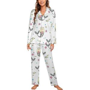 Grappige kat zeemeermin vrouwen lange mouw button down nachtkleding zachte nachtkleding lounge pyjama set L