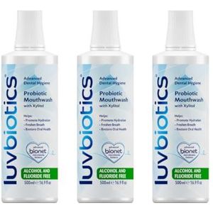 Luv Biotics Fluoridevrije mondwas met orale probiotica en xylitol. Bevordert goed ademgeur, gezonde gums en tanden. Vrij van alcohol, SLS en parabenen - 500ml - Pack van 3