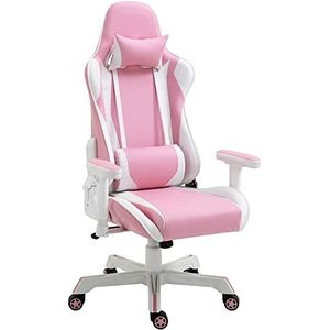 Vinsetto gamestoel met hoofdsteun lendenkussen bureaustoel in hoogte verstelbaar schuim kunstleer nylon roze + wit 71 x 73 x 128-138 cm
