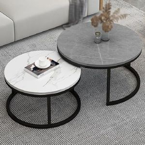 GEIRONV Ronde Nesttafel Set van 2, voor Woonkamer Slaapkamer Appartement Hoge Bijzettafel met Metalen Frame Ronde Stapelbare Bijzettafel Nesttafel (Color : Gray white, Size : 70+50cm)