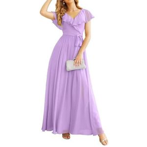 Chiffon bruidsmeisjesjurk met vleermuismouwen, lang, met zakken, V-hals, geplooid, formele jurk voor moeder van de bruid, Lavendel, 44